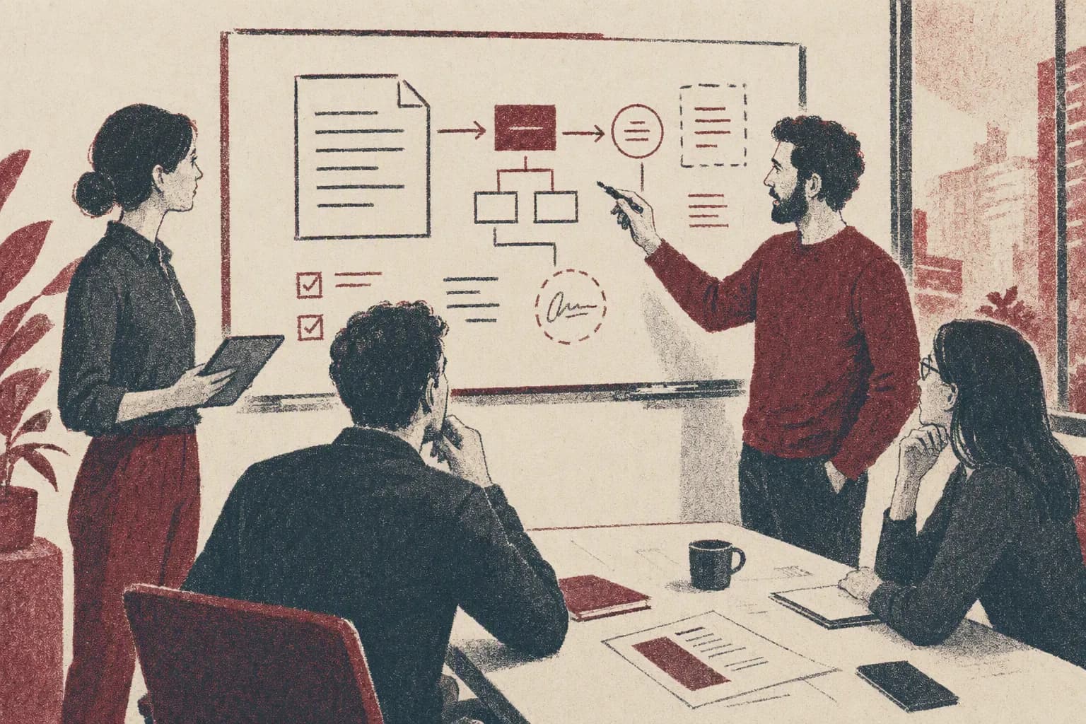 An in-house legal team of four around a whiteboard of contract diagrams.