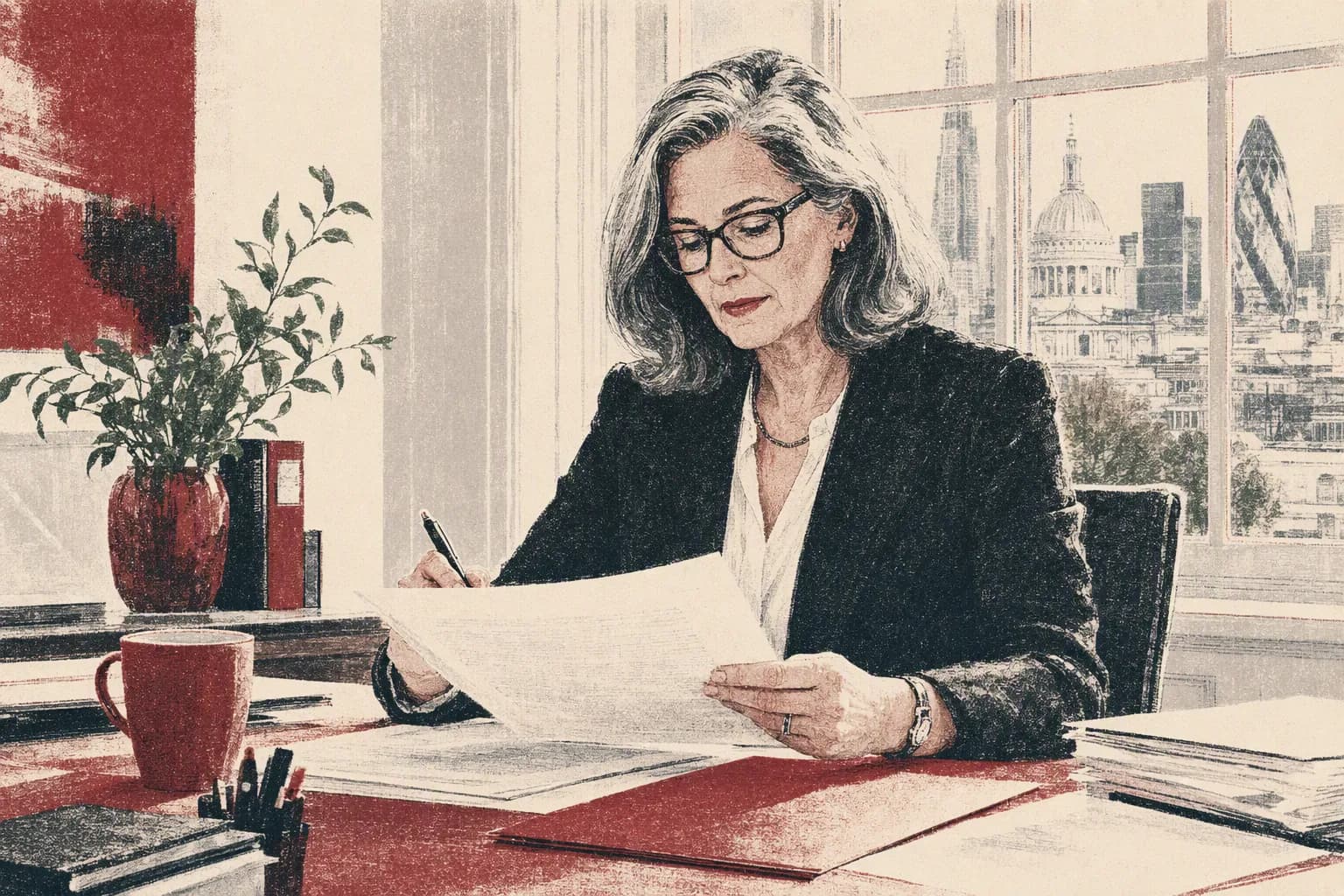 A senior lawyer at her desk reading a printed memo with a pen.