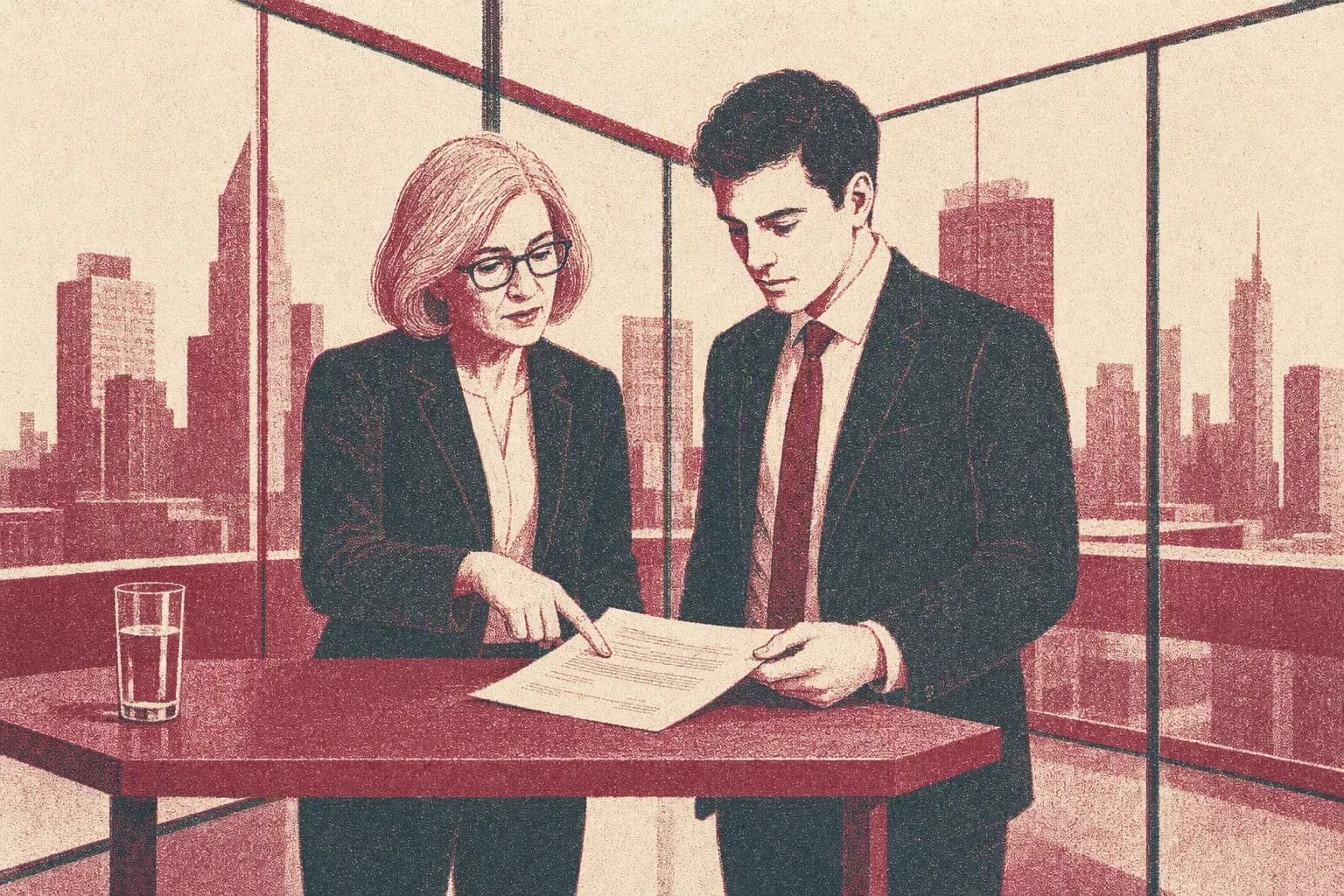 A senior lawyer and a junior colleague reading one memo together at a high table.