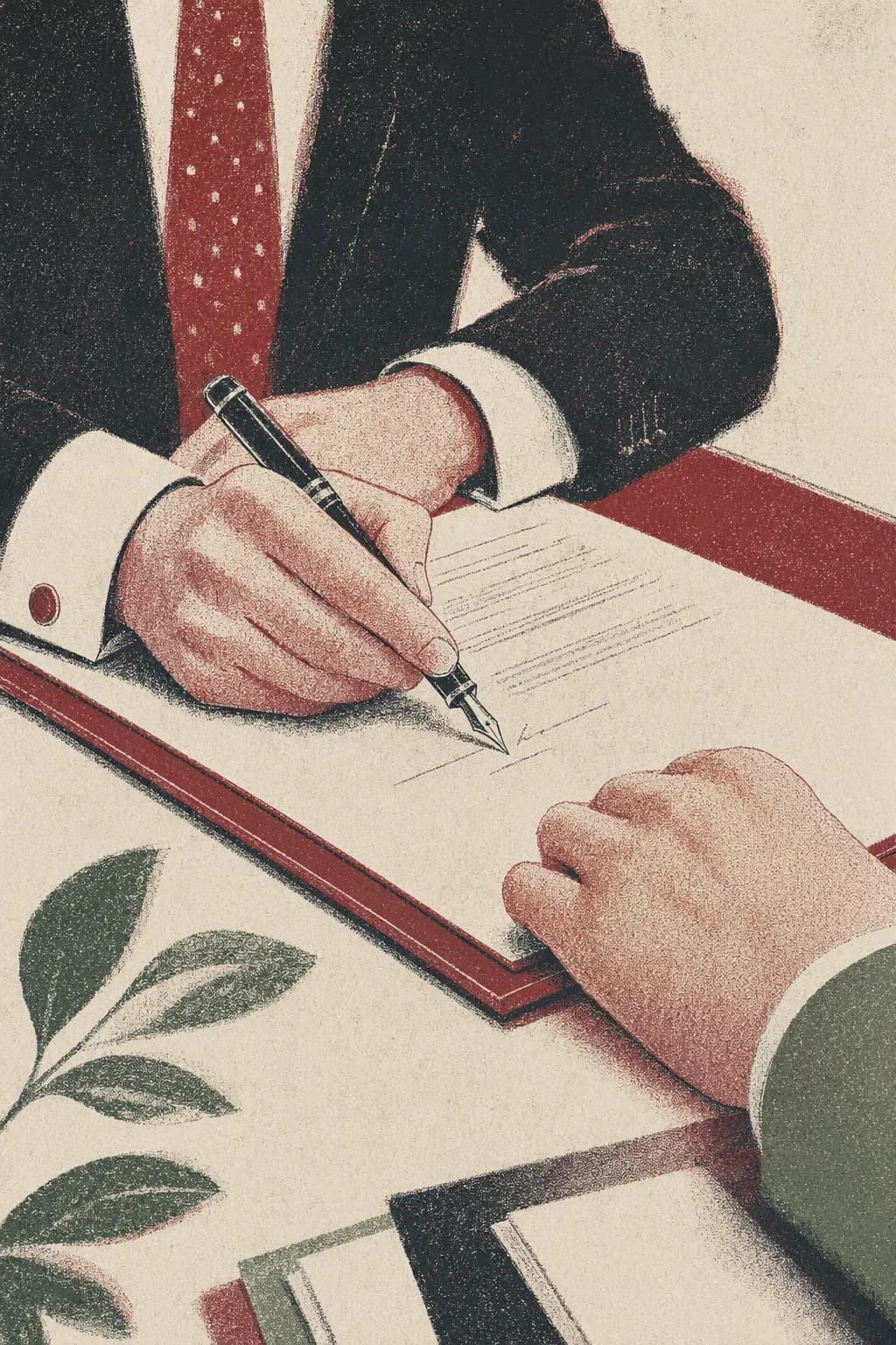 Hands signing the last page of a document with a fountain pen.