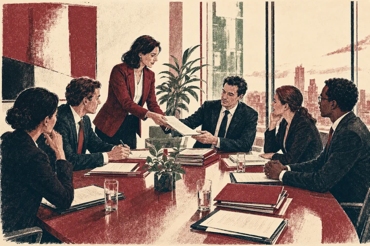 A corporate deal closing around a boardroom table stacked with signing folders.