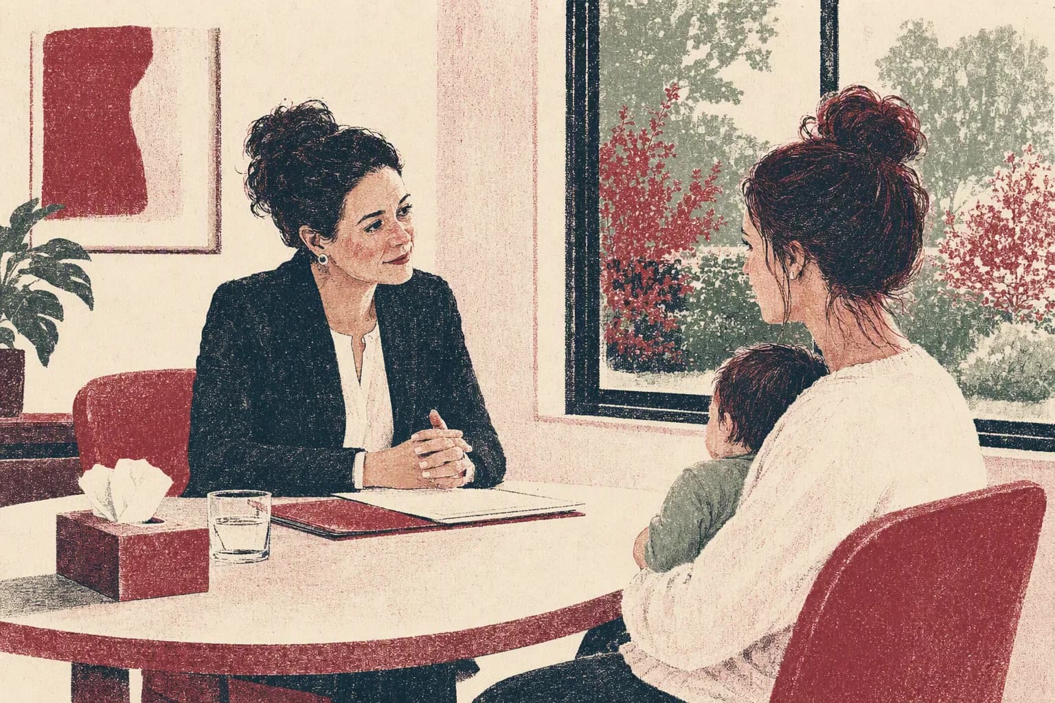 A family lawyer in a quiet consultation room with a client.