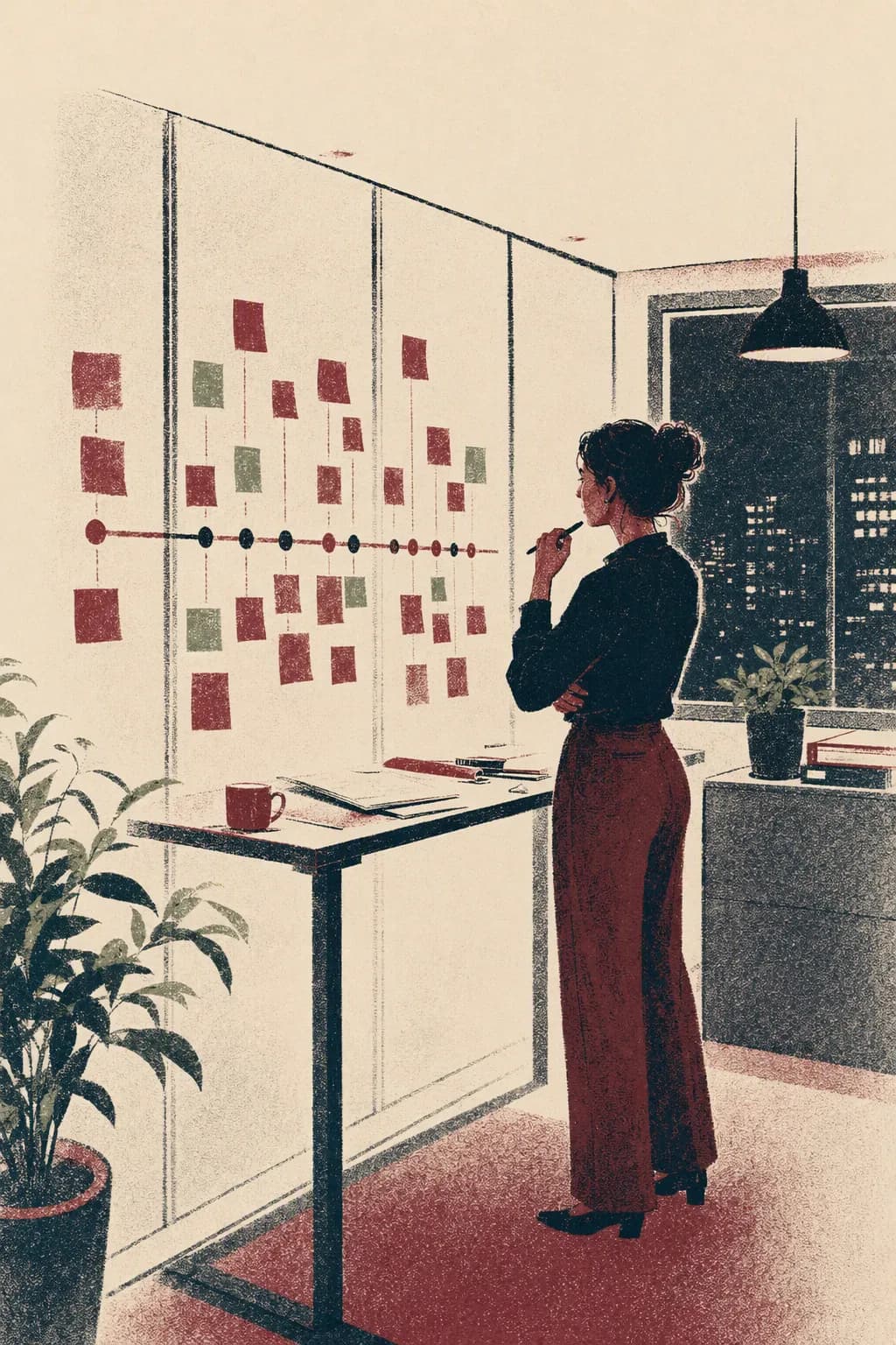 A data protection officer reviewing a breach timeline pinned to a glass wall.