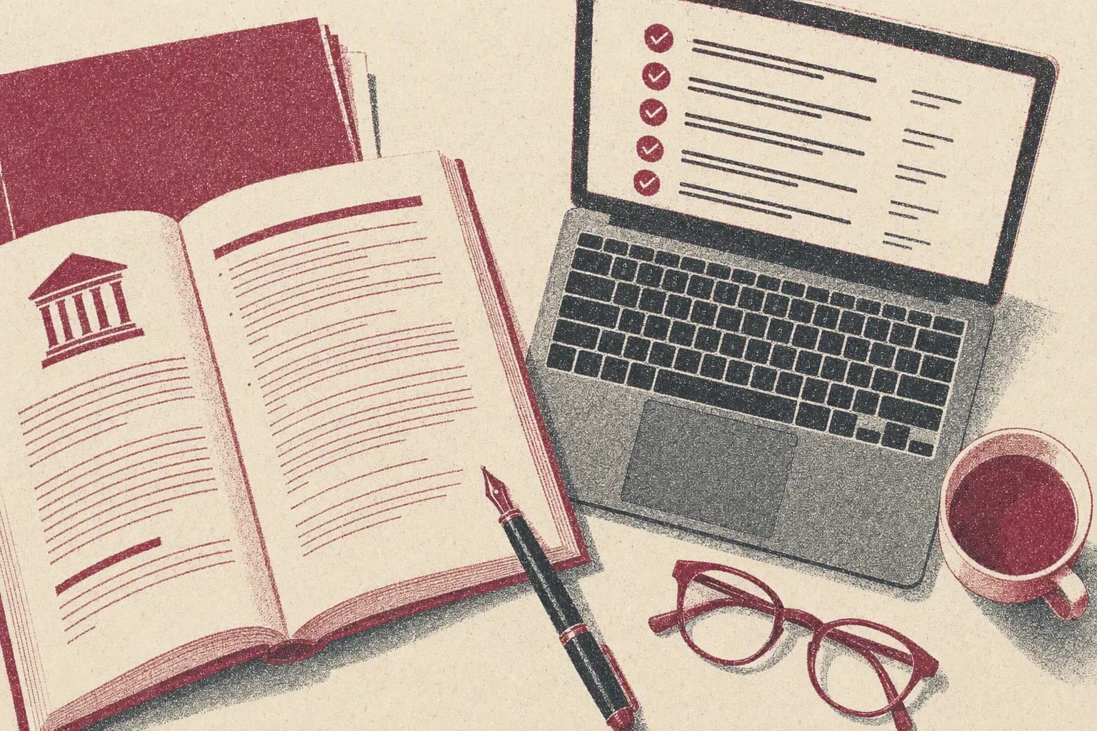 An open law report, a fountain pen and a laptop showing a ticked list, seen from above.