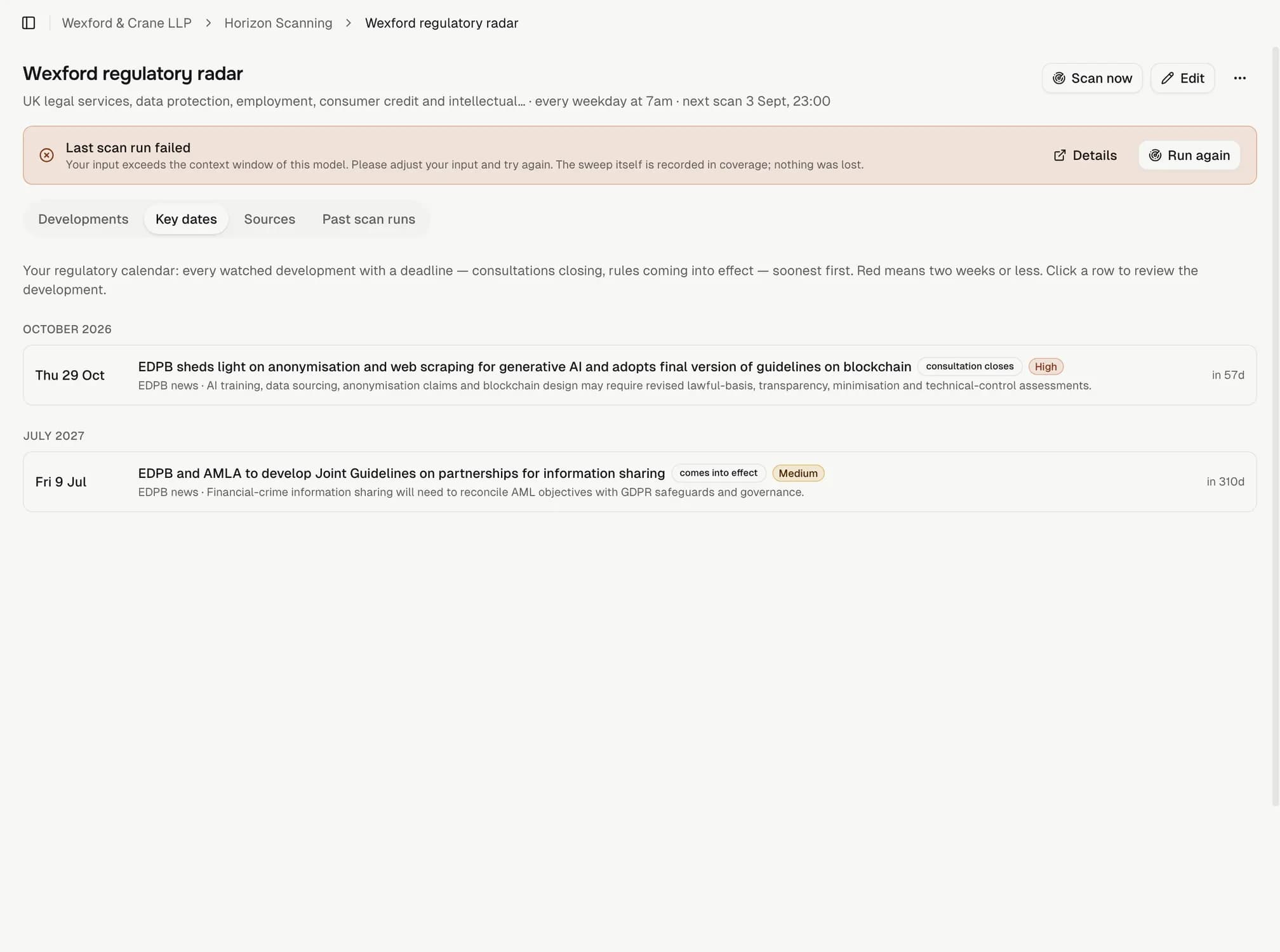 The Key dates tab: dated obligations pulled from the developments, in order.