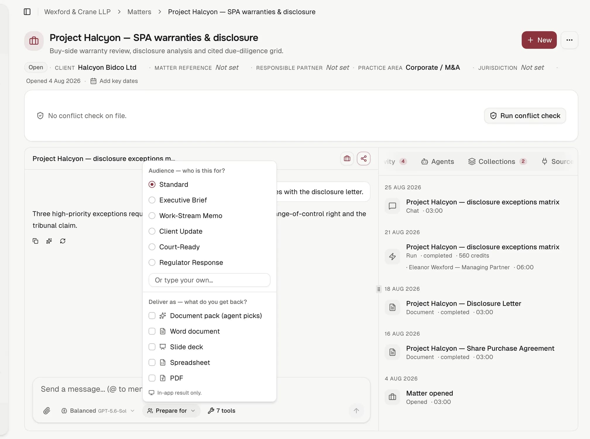 The Prepare for picker open on a matter chat: an audience (Standard, Executive Brief, Work-Stream Memo, Client Update, Court-Ready, Regulator Response) and a format (Word document, slide deck, spreadsheet, PDF, or in-app only). The timeline on the right shows a completed run that drew 560 credits.