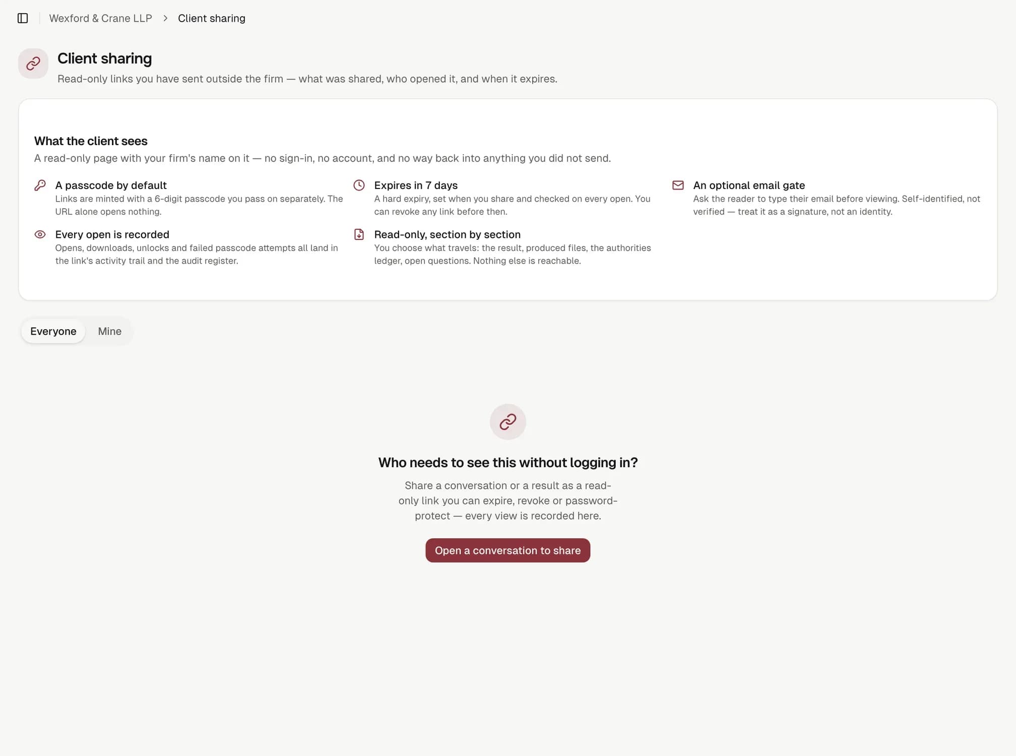 Client sharing: how a passcode link works, and who needs to see this without logging in.
