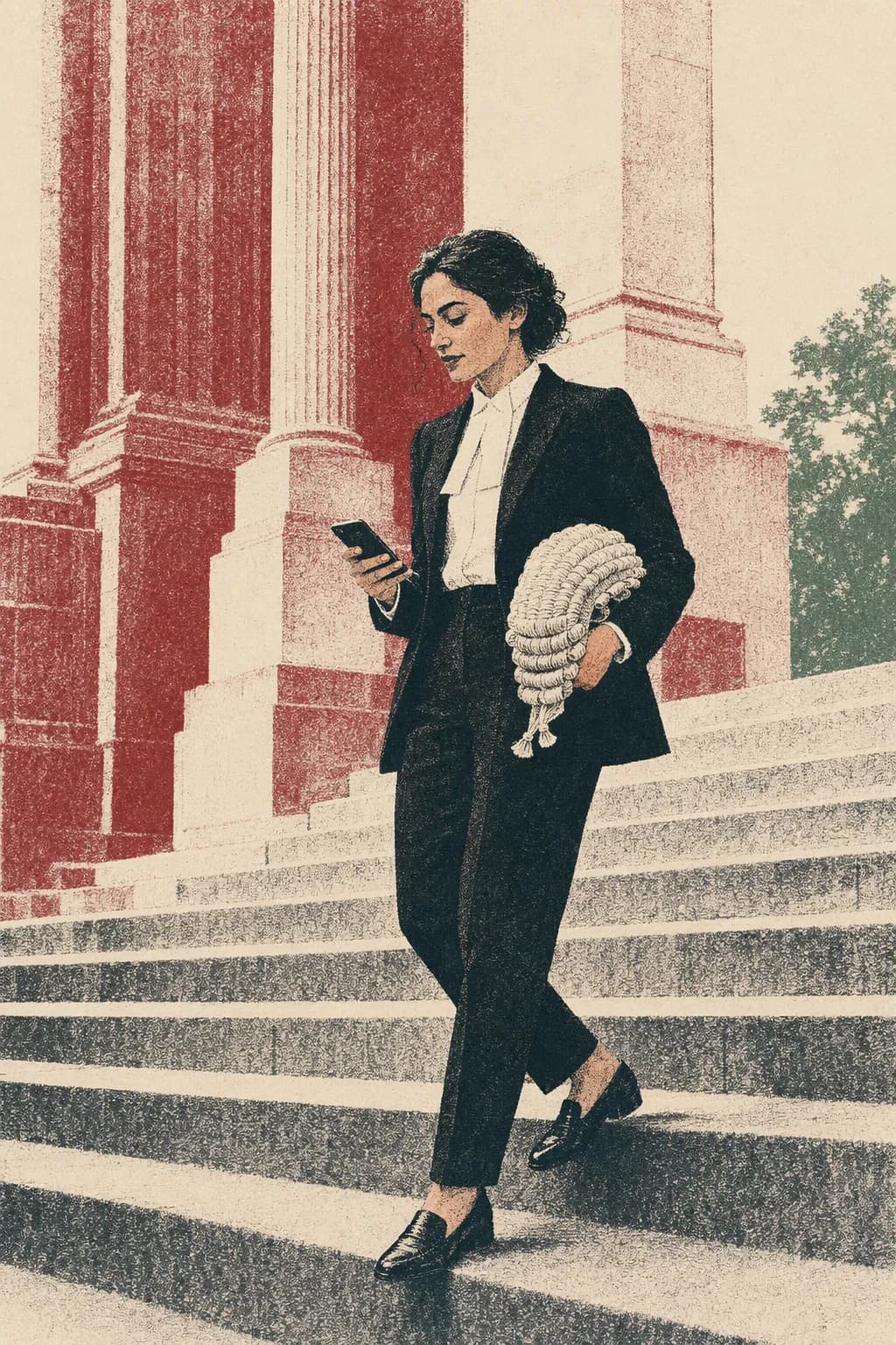 A barrister descending courthouse steps, wig under one arm.