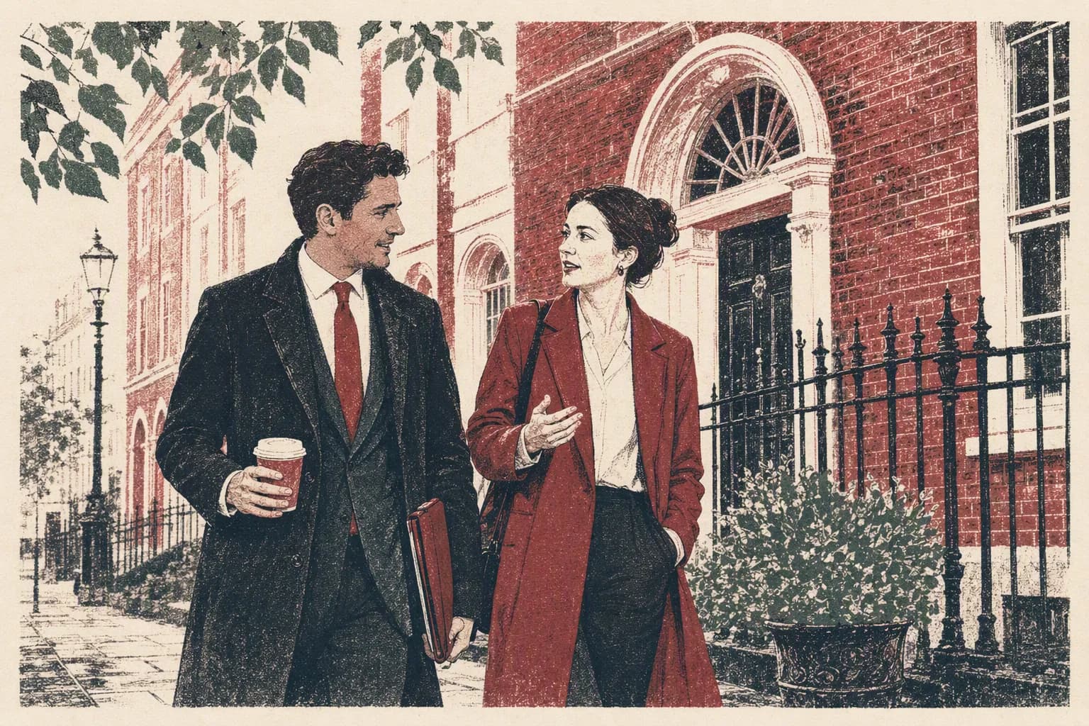 Two lawyers walking and talking outside a Georgian brick building.