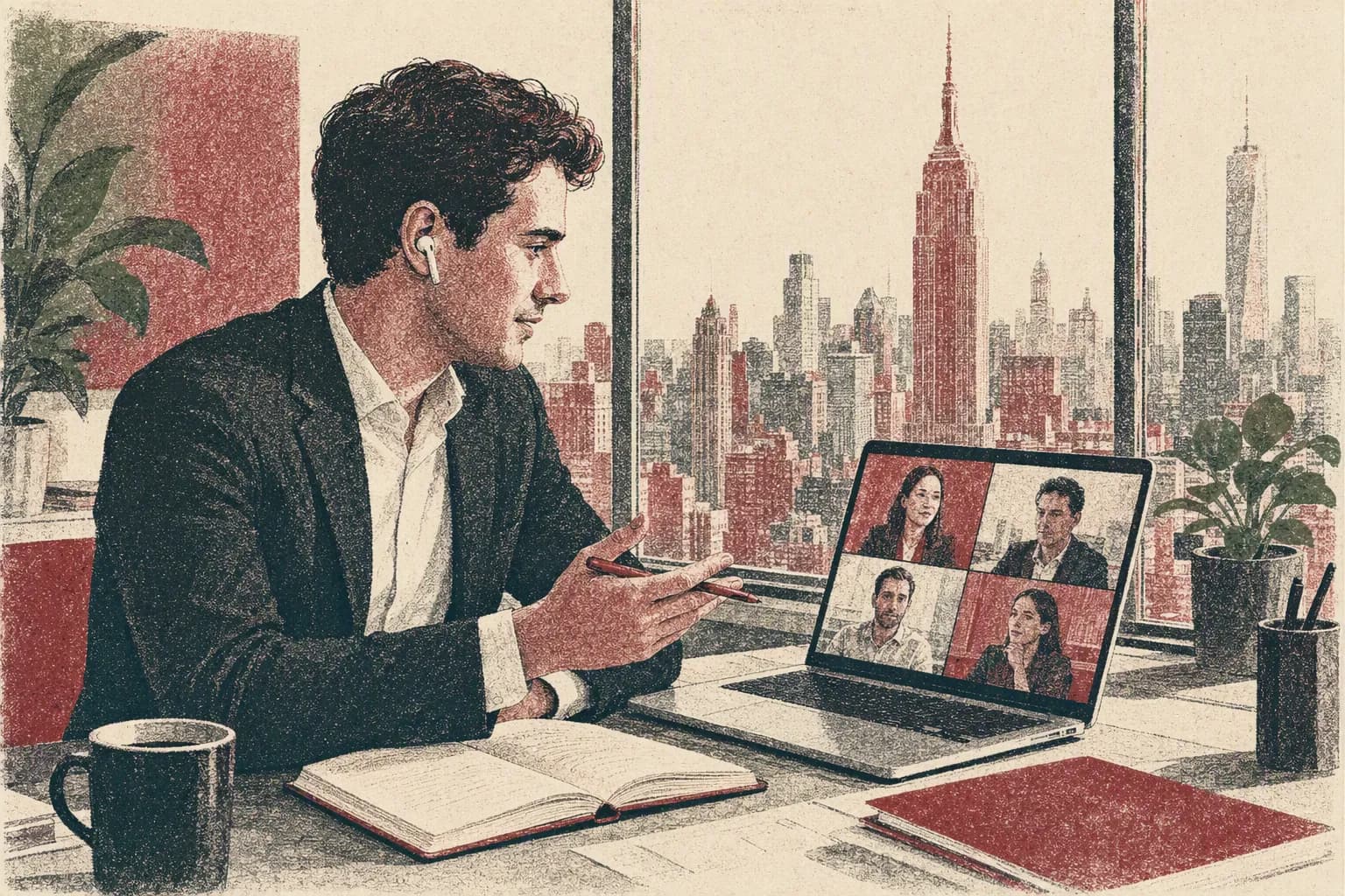 An in-house counsel on a video call in a glass office above a city skyline.