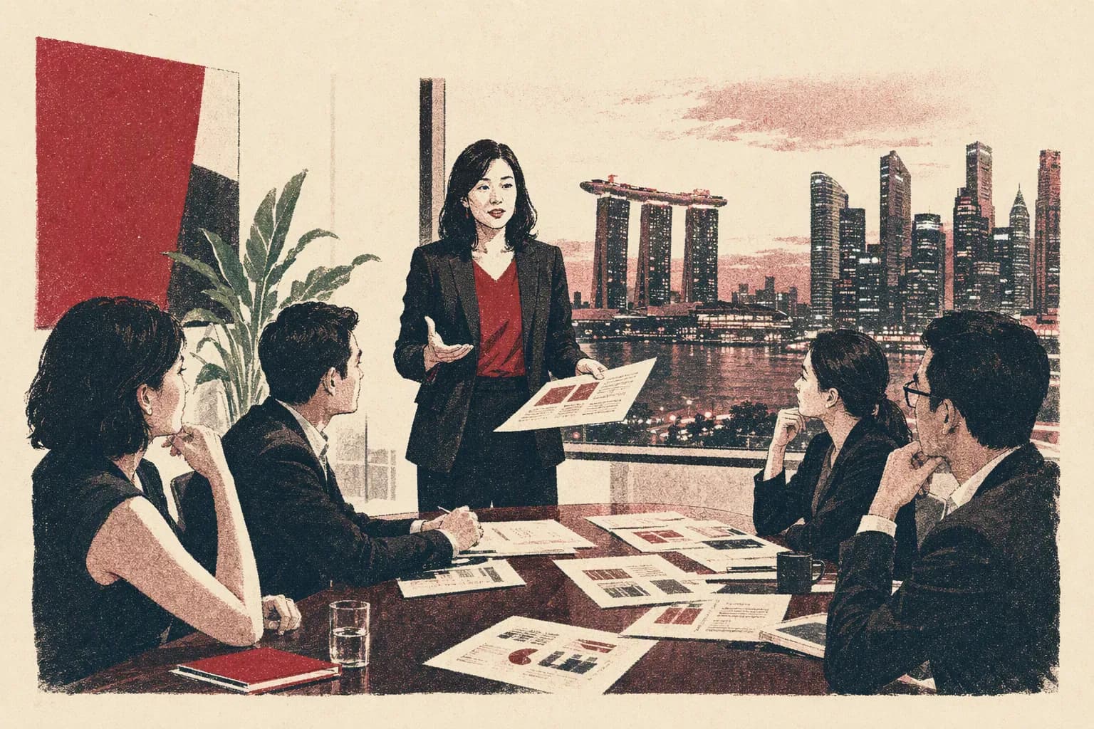 A general counsel presenting to colleagues in a boardroom at dusk.