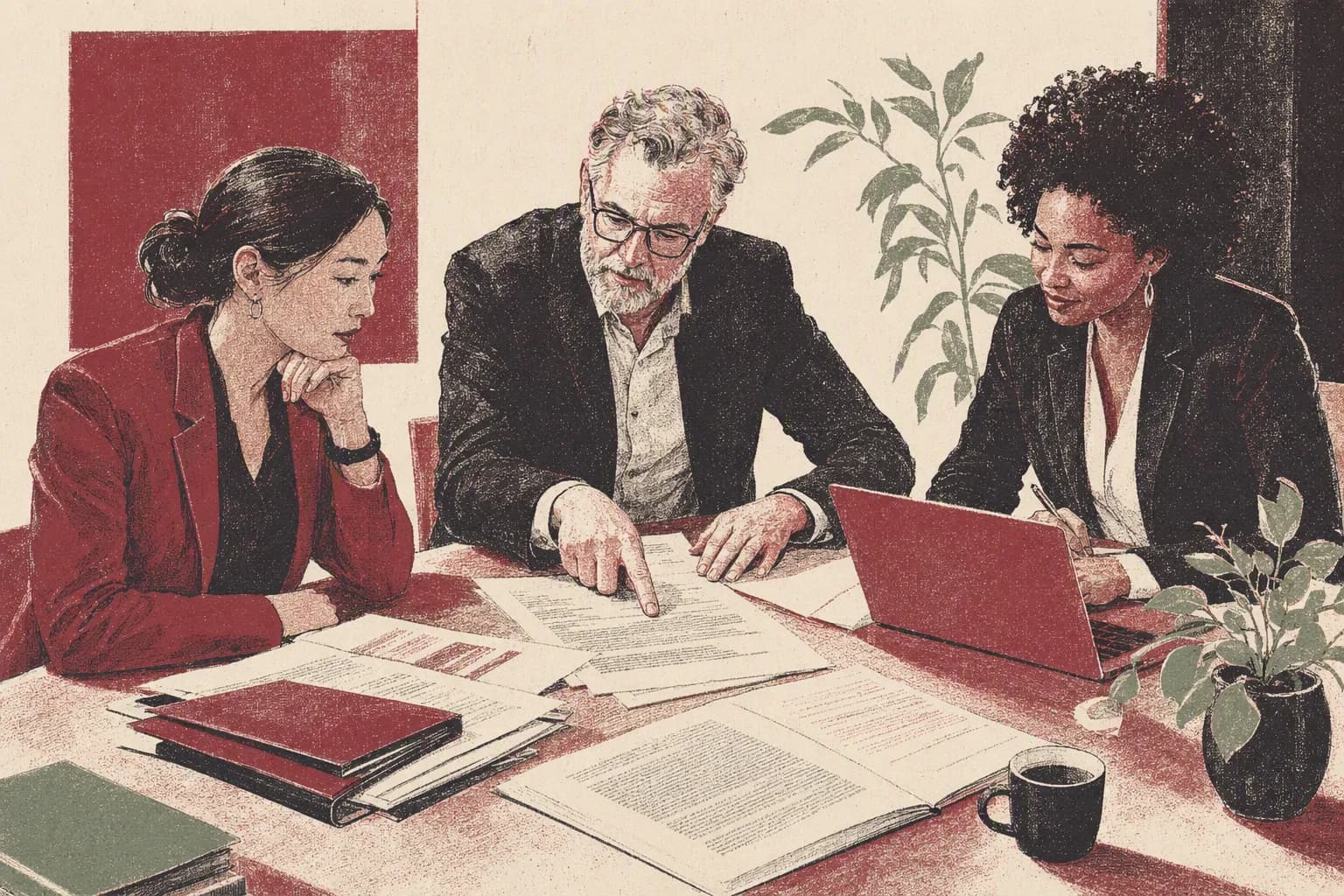 Three lawyers around a table of contracts, one pointing at a clause.