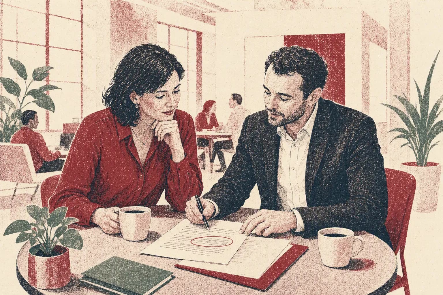 An HR director and an employment lawyer reviewing a contract together.