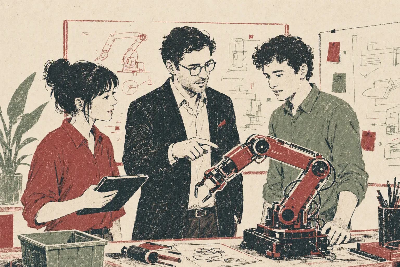 A patent attorney touring a robotics lab with two engineers.
