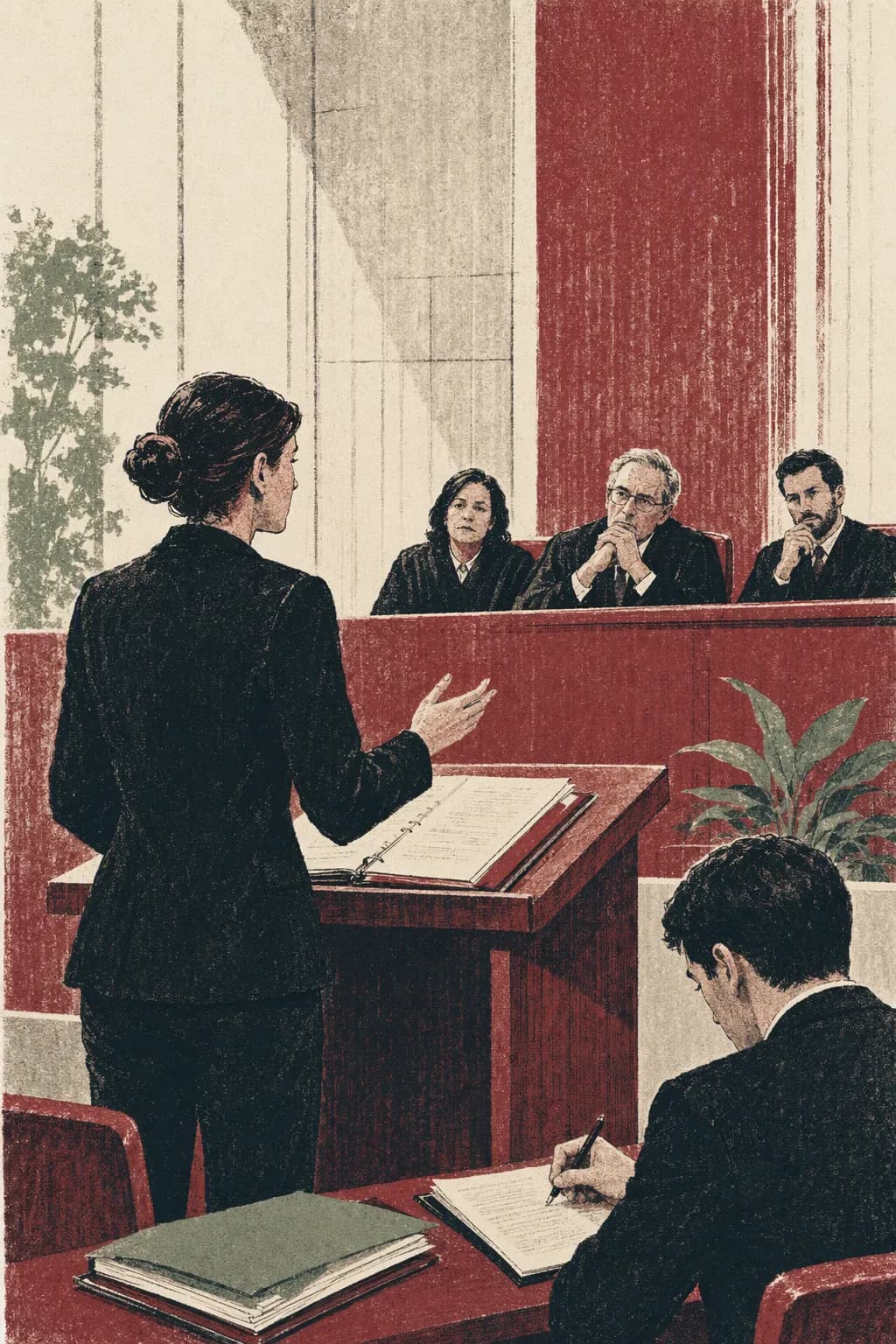 A litigator at a lectern addressing the bench in a modern courtroom.