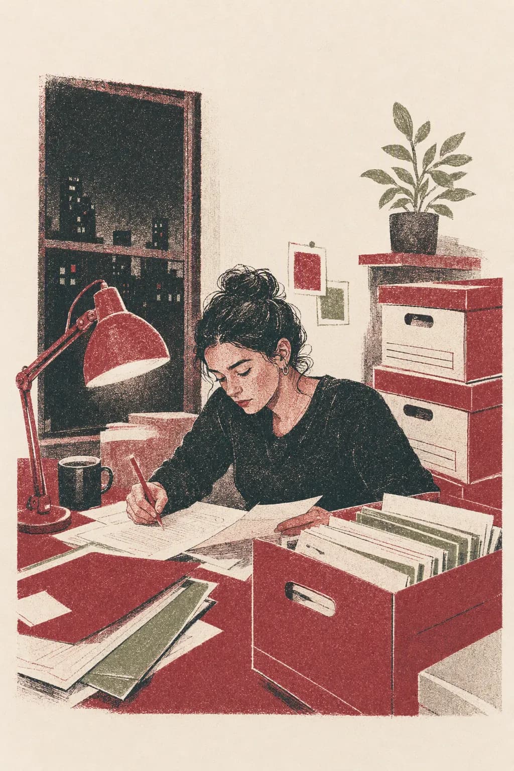 A paralegal at a desk lamp late at night surrounded by boxes of documents.