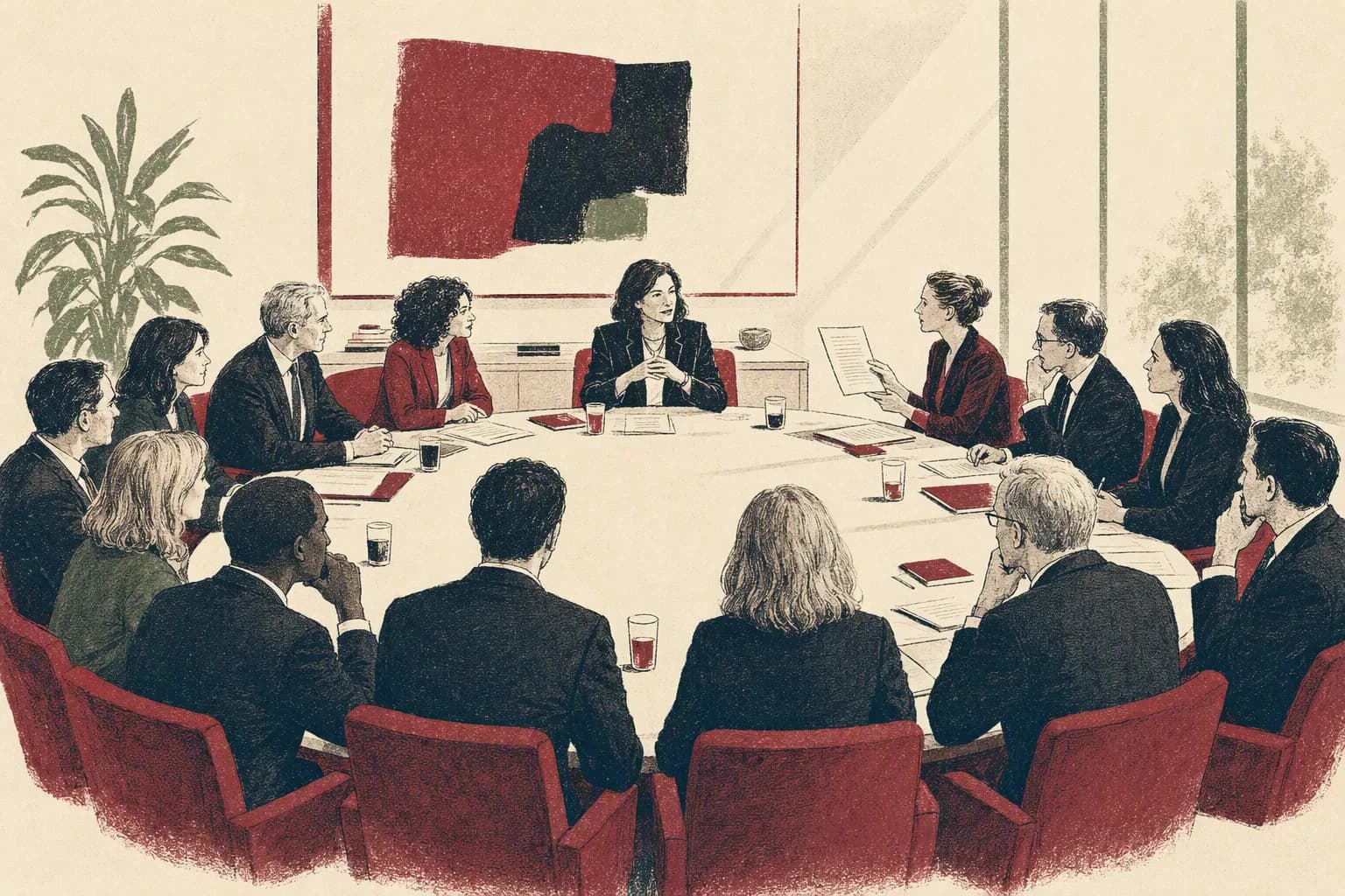 A managing partner at the head of a partners' meeting.