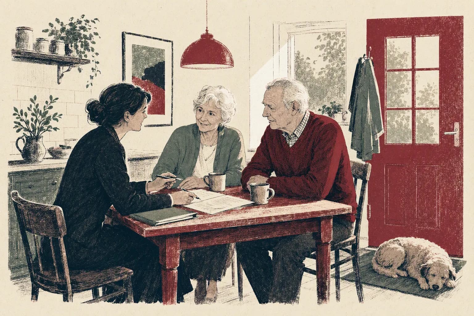 An elderly couple with their solicitor at the kitchen table reviewing a will.