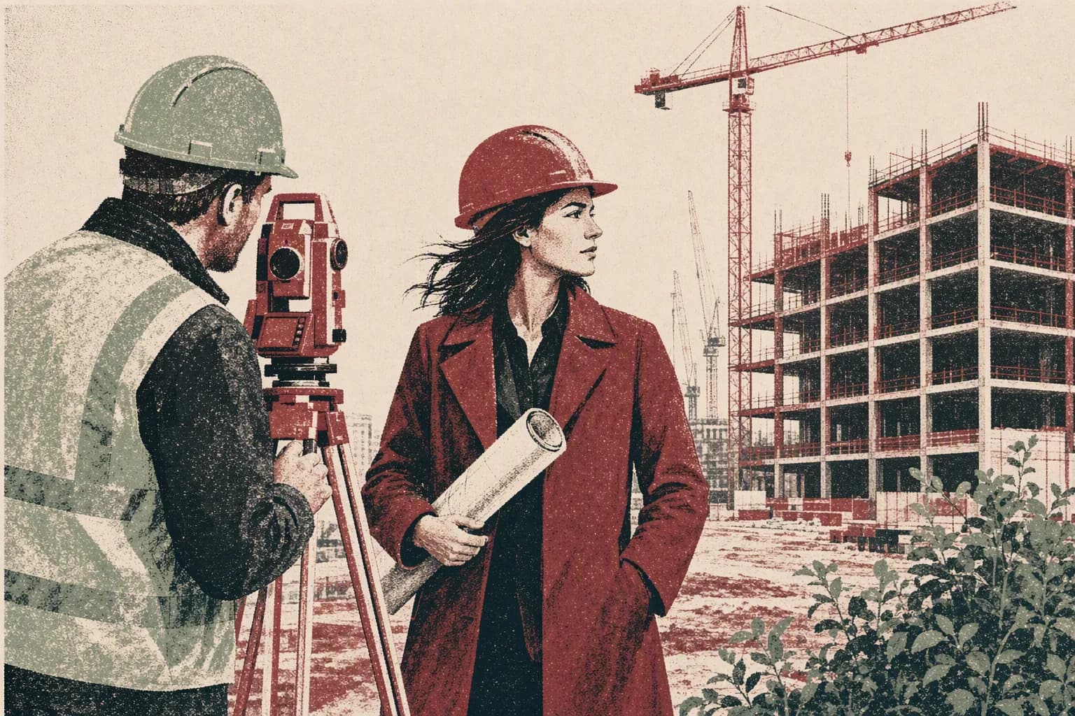 A property lawyer on a construction site with a surveyor, holding rolled plans.