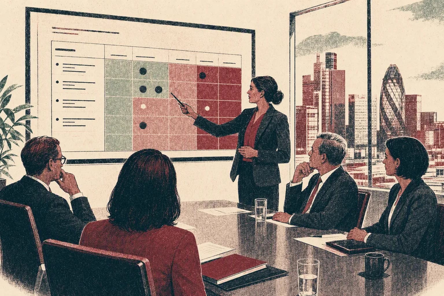 A compliance officer presenting a risk register to an executive committee.