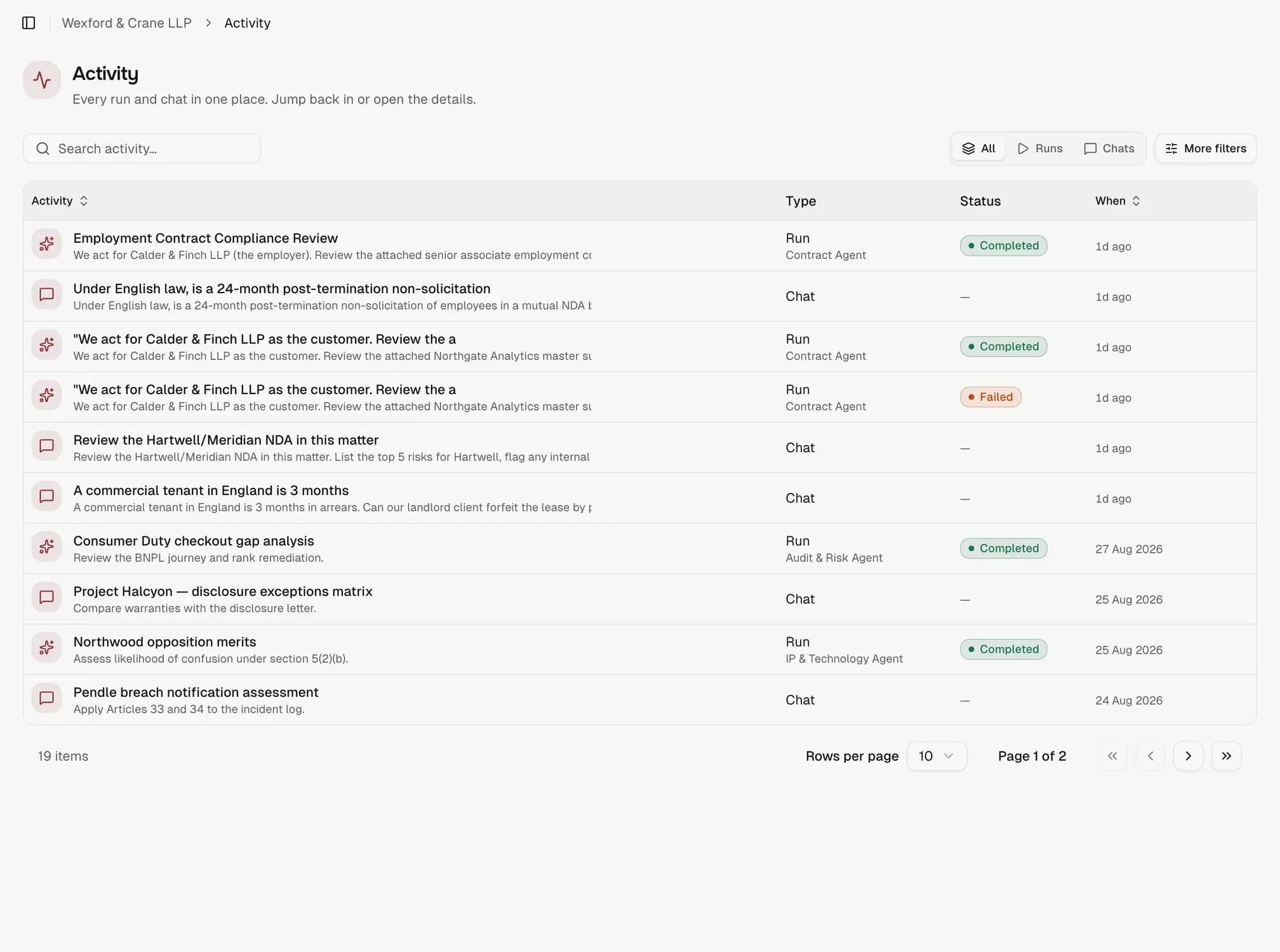 The Activity log: every run and chat in the firm, with who ran it, the type, the status and when.