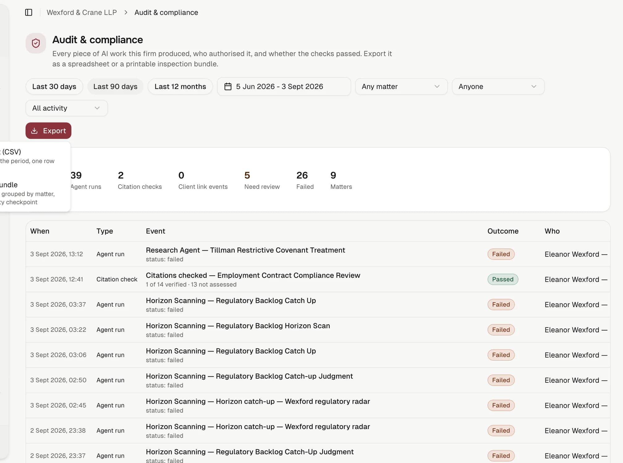 The Export menu on the audit register: a spreadsheet with every event in the period, one row each, or a printable pack grouped by matter with an integrity checkpoint.