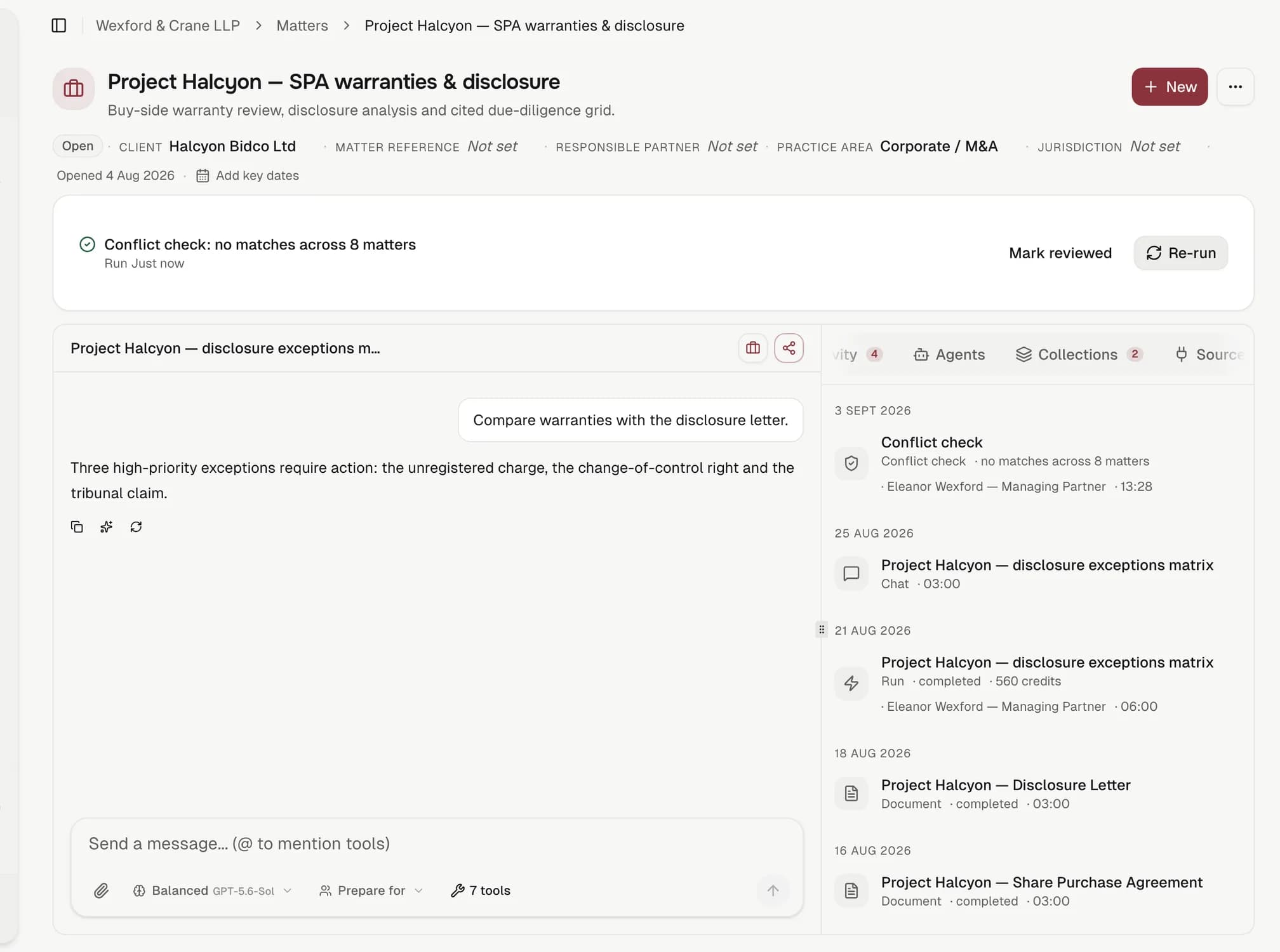 A conflict check just run on a matter: no matches across eight matters, with Mark reviewed and Re-run, and the check recorded on the matter timeline.