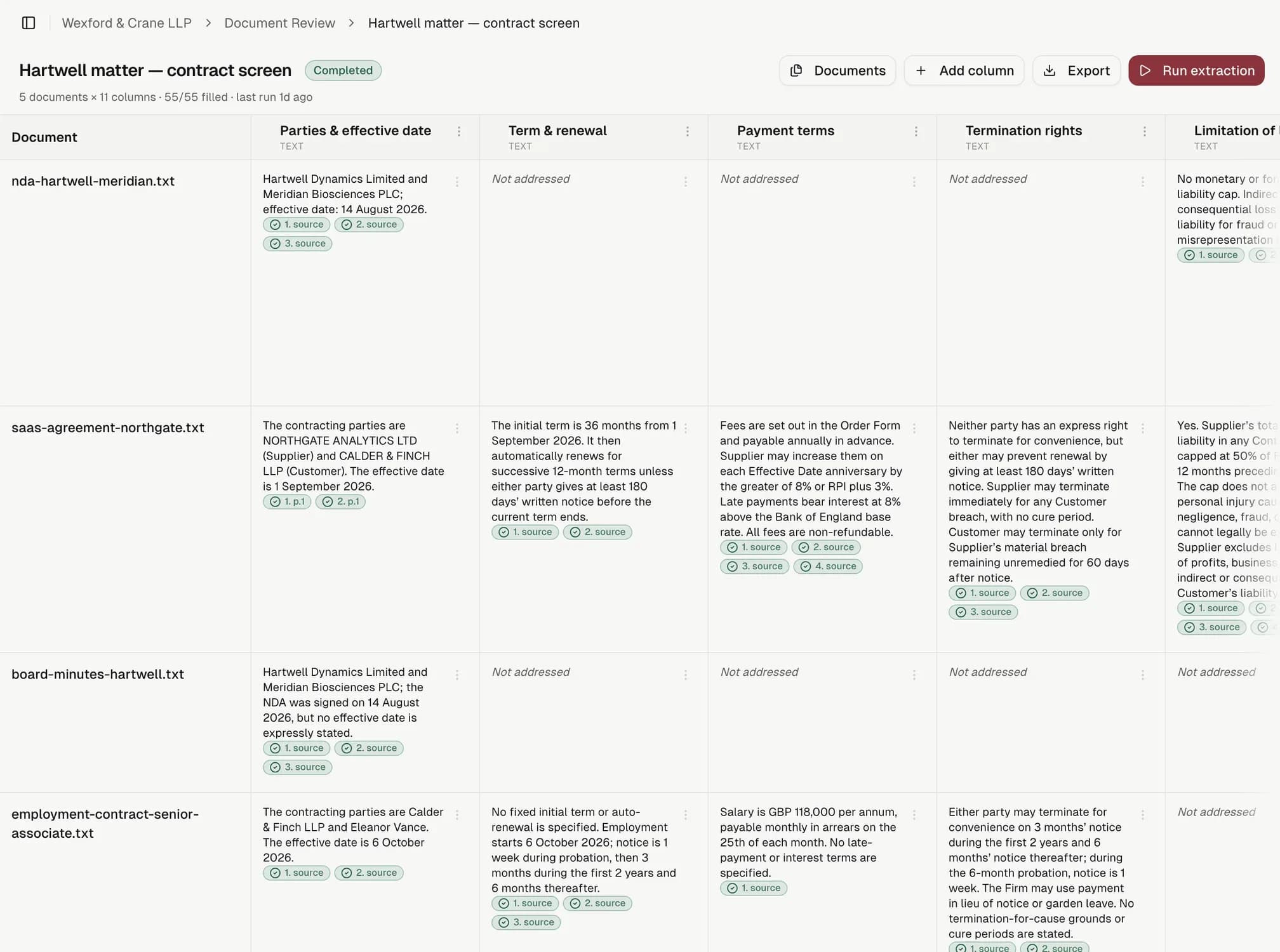 A review grid: documents down the side, questions across the top, and a cited answer in every cell.