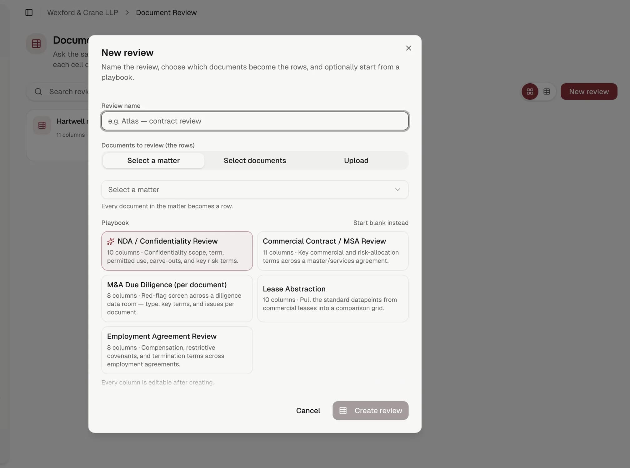The New review dialogue: name the review, choose a matter so every document becomes a row, and start from one of five playbooks, NDA, MSA, M&A due diligence, lease abstraction or employment agreement, each with its column count.