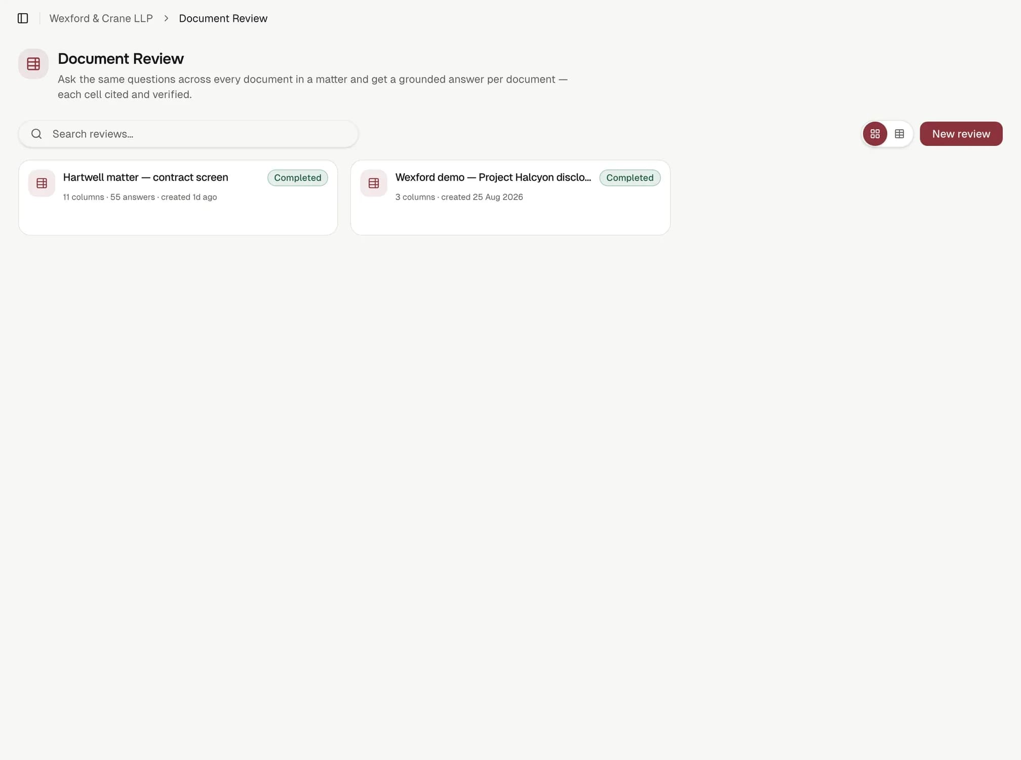 The Document Review list: two reviews, each with the documents in scope and its status.