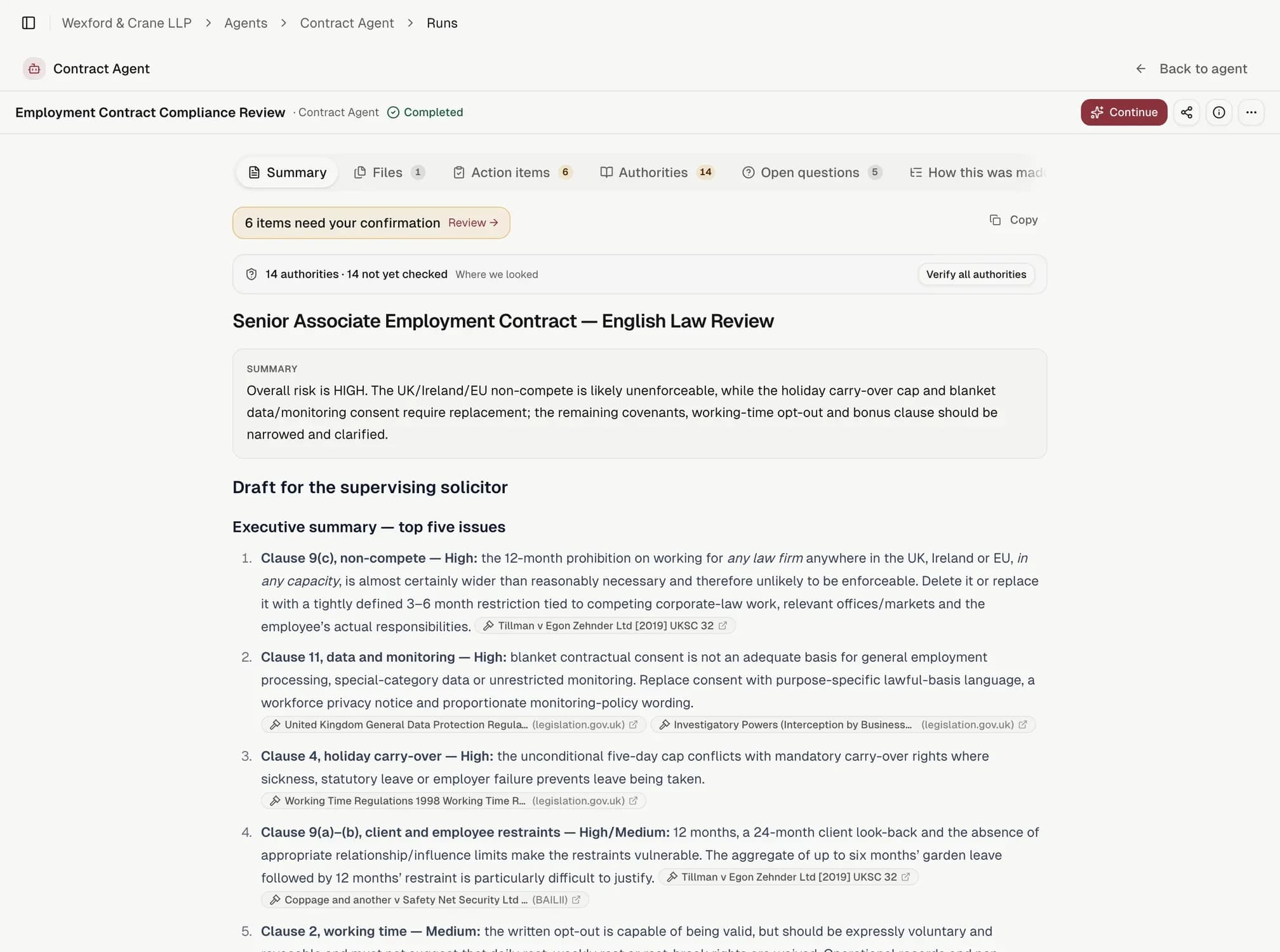The Summary tab of a Contract Agent run: overall risk, an executive summary and the draft for the supervising lawyer.
