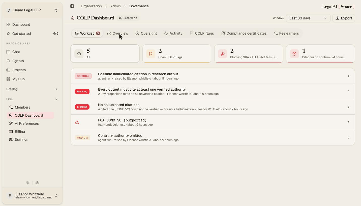 COLP governance dashboard showing severity-tagged flags, SRA and EU AI Act gates, and citation verification counts