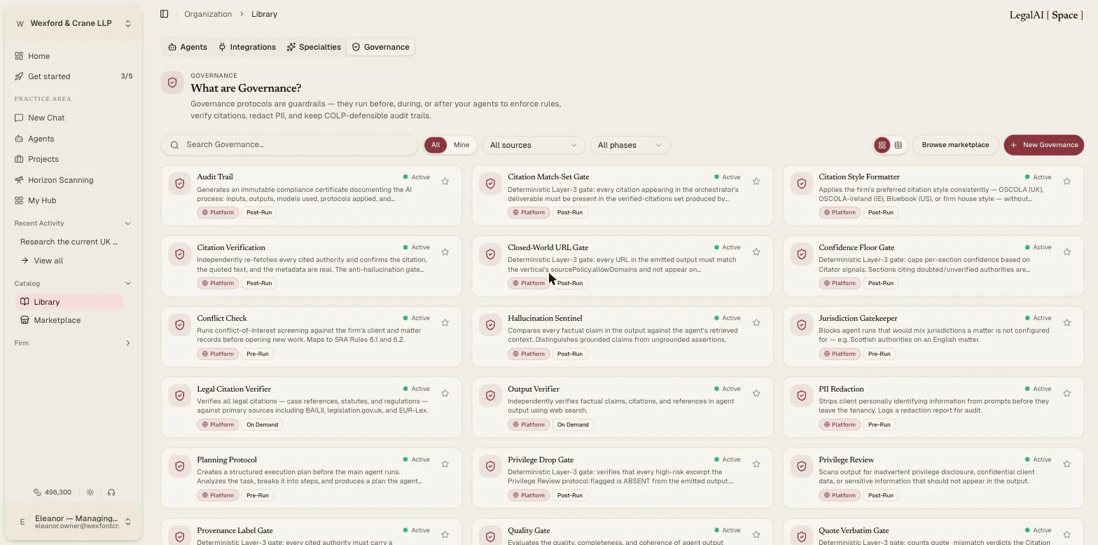 The live governance library: 19 named protocol and gate cards, Citation Verification, Hallucination Sentinel, deterministic Layer-3 gates and more, each tagged Pre-Run, Post-Run or On Demand and active on the platform