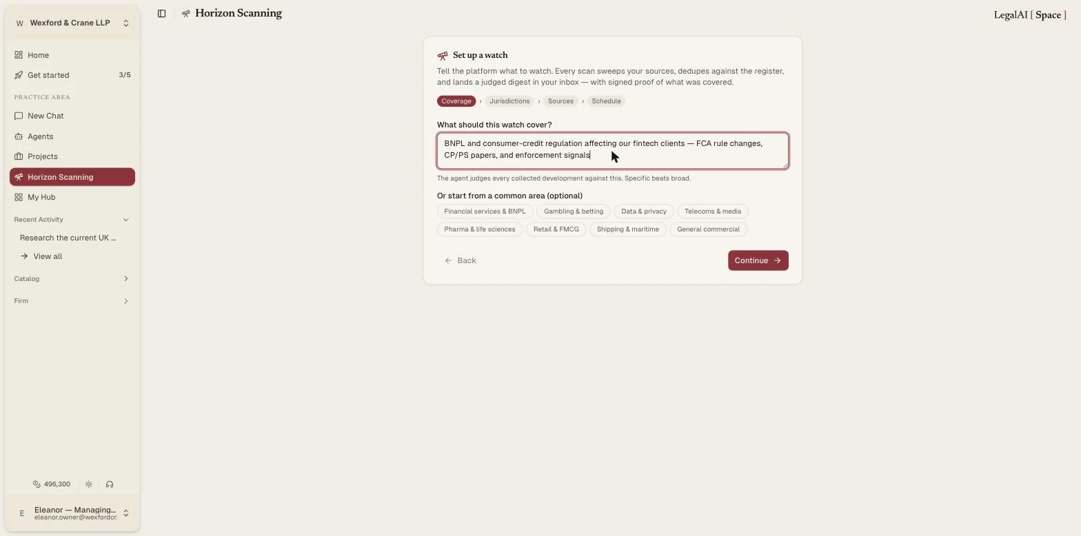 The Horizon Scanning setup wizard: coverage described in plain English, with steps for jurisdictions, sources and schedule, and one-click sector starting points