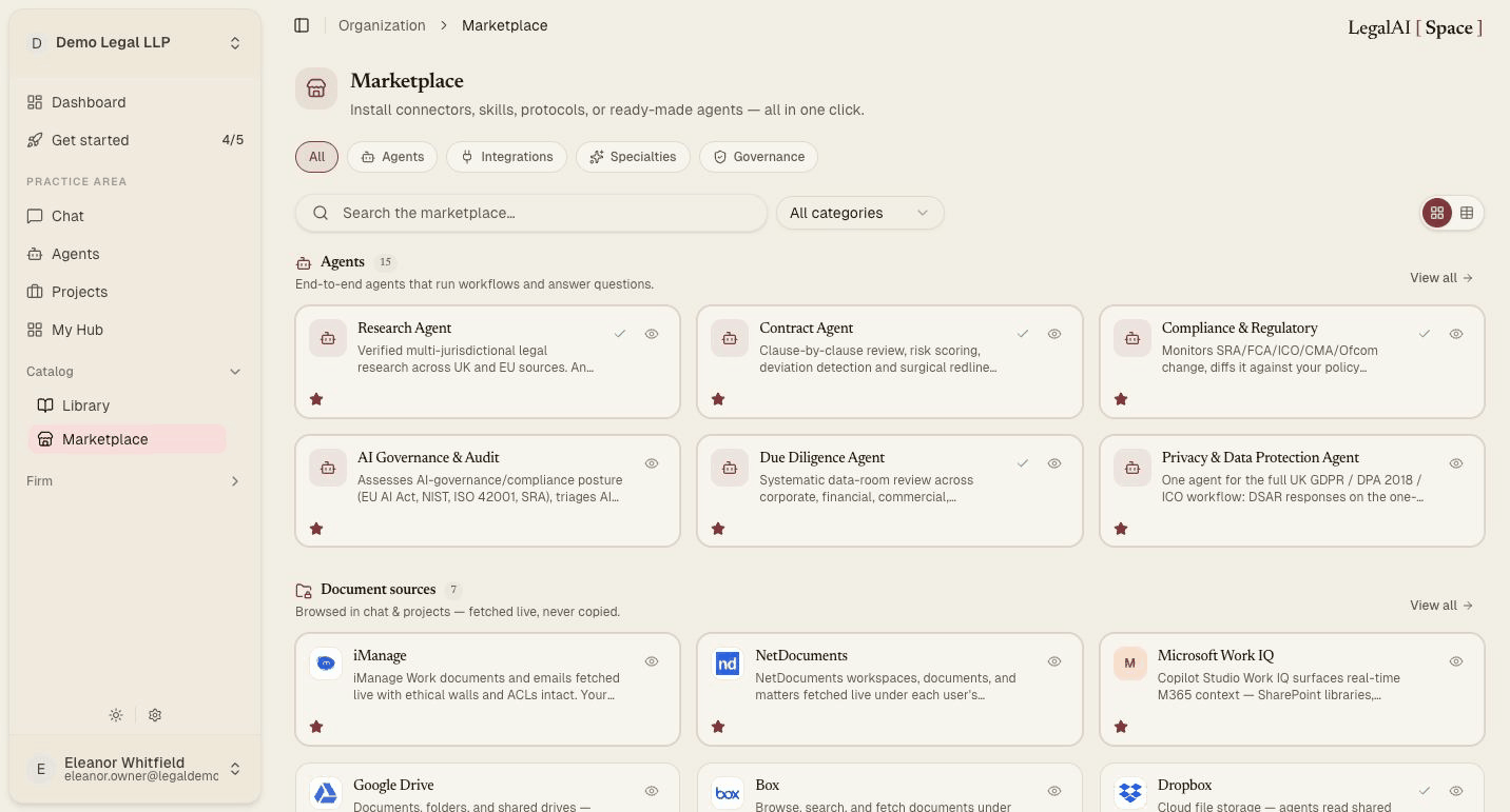 The LegalAI Space marketplace: install agents and connect document sources, all behind the same guardrails